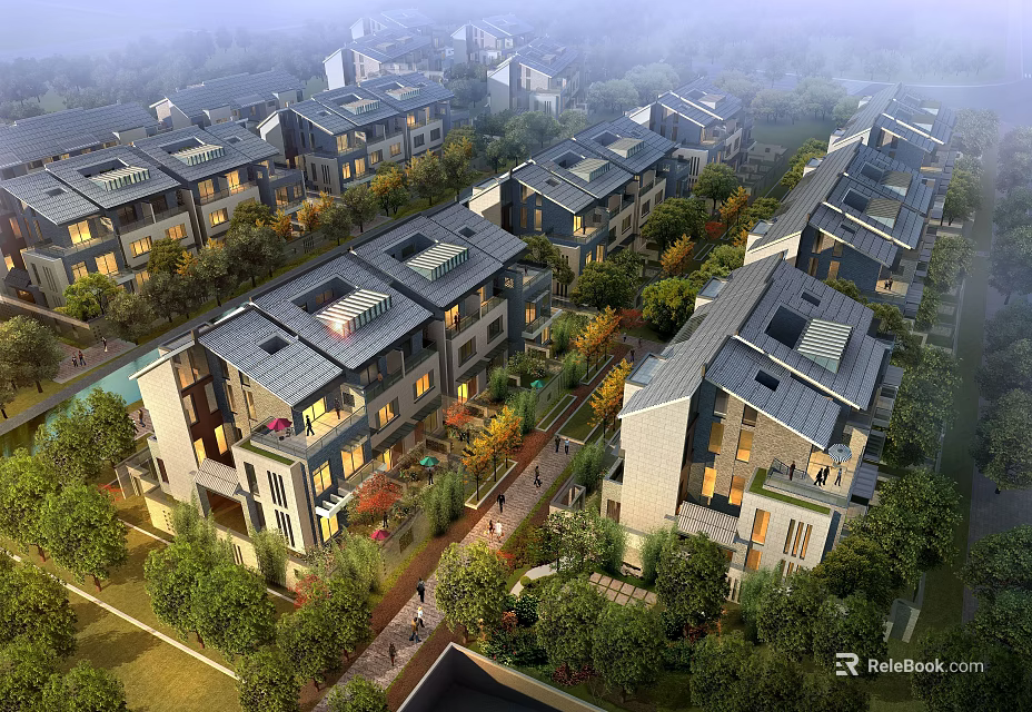 Row of Modern Townhouses With Illuminated Windows And Lush Greenery 3d model 