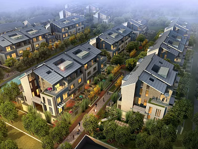 Row of Modern Townhouses With Illuminated Windows And Lush Greenery 3d model