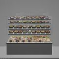 Transparent Glass Display Shelf With Multiple Layers Holding Boxed Food Items 3d model