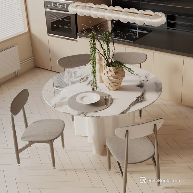 Modern Dining Table Set with Marble Top Gray Chairs Woven Vase and Green Plants 3d model 