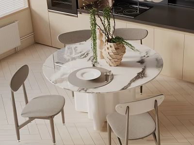 Modern Dining Table Set with Marble Top Gray Chairs Woven Vase and Green Plants 3d model