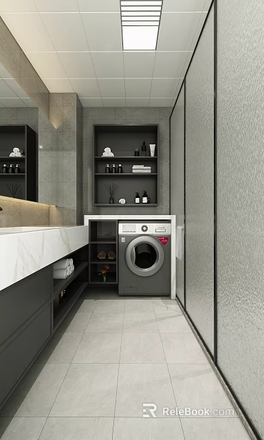 Modern Bathroom Interior With Washing Machine Marble Countertop Storage Shelves And Toiletries 3d model 