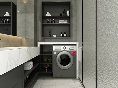 Modern Bathroom Interior With Washing Machine Marble Countertop Storage Shelves And Toiletries 3d model