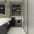 Modern Bathroom Interior With Washing Machine Marble Countertop Storage Shelves And Toiletries