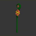 Green Magical Staff With Circular Top Red Gemstone And Flame Ornament