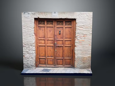 Classic Wooden Entrance Double Door With Brick Wall Frame And Intricate Carved Details 3d model