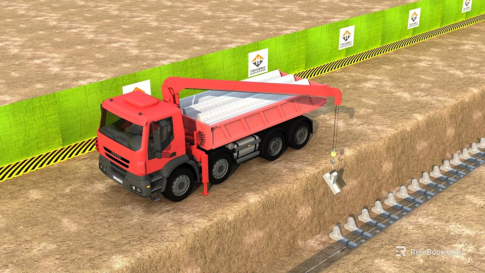 Red Industrial Dump Truck With Crane Loading Materials On Construction Site 3d model 
