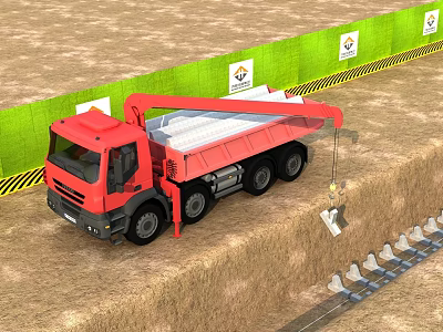 Red Industrial Dump Truck With Crane Loading Materials On Construction Site 3d model