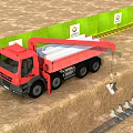 Red Industrial Dump Truck With Crane Loading Materials On Construction Site