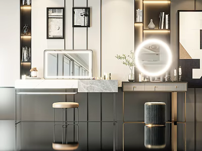 Modern Elegant Dressing Table With Lighted Round Mirror Marble Countertop Wooden Stool And Potted Plant 3d model