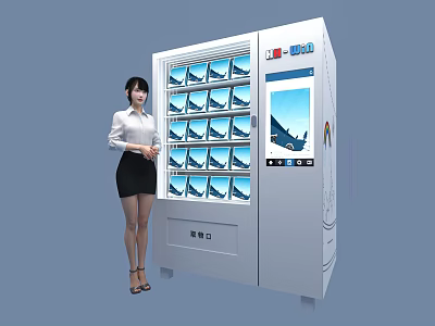 Smart Machine Vending Device With Woman Standing By Screen Airplane Graphic And Product Compartments 3d model