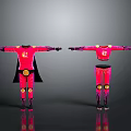 Man in Red Superhero Costume with Black Cape Yellow Emblem and Knee Pads