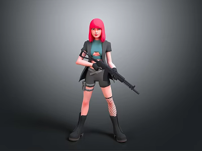 3D Anime Character With Pink Hair Green Top Black Jacket Shorts Fishnet Stockings And Rifle 3d model