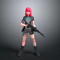 3D Anime Character With Pink Hair Green Top Black Jacket Shorts Fishnet Stockings And Rifle