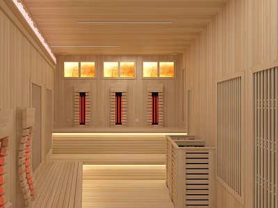 Modern Sauna Interior Design With Wooden Walls Stoves And Warm Lighting 3d model