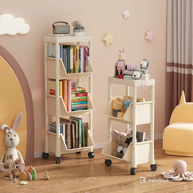 Kids Room with Pink Walls Rolling Bookshelf and Cart Books Toys Star Decor Yellow Chair 3d model 