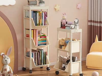 Kids Room with Pink Walls Rolling Bookshelf and Cart Books Toys Star Decor Yellow Chair 3d model