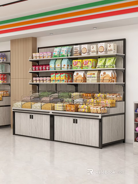 Display Shelves with Various Packaged Foods Grains Snacks on Multiple Tiers and Transparent Showcase 3d model 