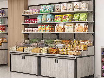 Display Shelves with Various Packaged Foods Grains Snacks on Multiple Tiers and Transparent Showcase 3d model