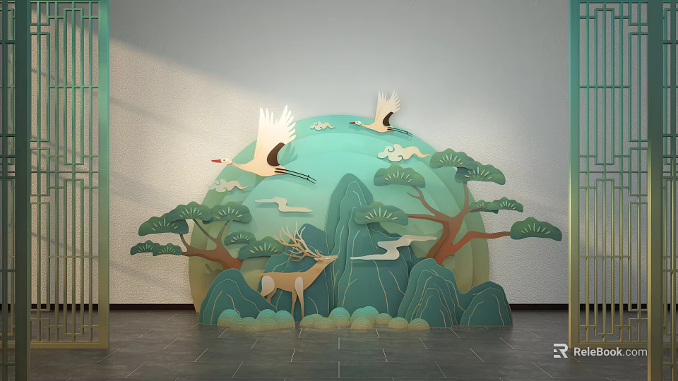 Traditional Chinese Background Wall Decor With Crane Deer Pine Tree Mountain And Cloud 3d model