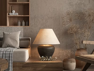 Cozy Living Room Interior With Table Lamp Sofa Pillow Bookshelf And Textured Wall 3d model