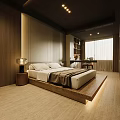 Modern Bedroom Interior Design With Platform Bed Wooden Panel Walls Recessed Lighting And Nightstands