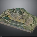 Detailed Terrain Model With Green Areas Blue Water Body Buildings And Pathways