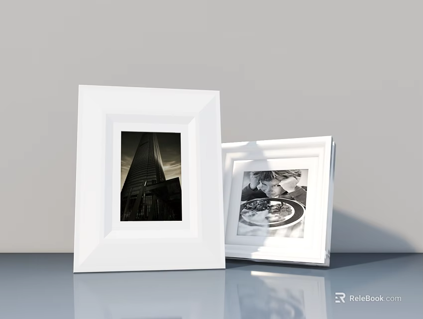 Large and Small White Picture Frames with Black and White Building and Dining 3d model