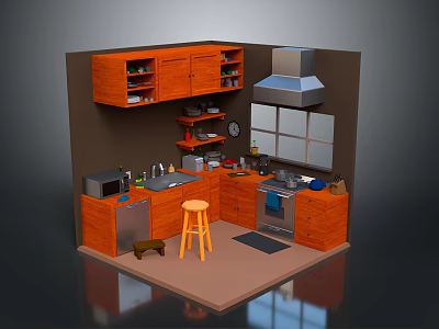 Wooden Kitchen Interior Design With Cabinets Microwave Oven Range Hood Window And Stool 3d model