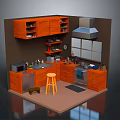 Wooden Kitchen Interior Design With Cabinets Microwave Oven Range Hood Window And Stool