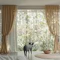 Gold Sheer Curtains In Bedroom With Natural Forest View And Wooden Blinds