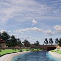 Scenic Landscape With Stone Bridge Water Pool Green Lawns And Historic Buildings Under Blue Sky