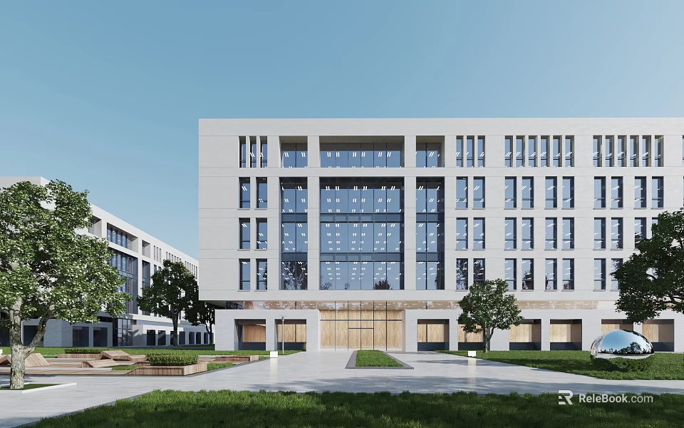 Modern Office Building Exterior Design With White Facade Large Glass Windows Lawn And Trees 3d model 