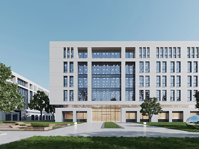 Modern Office Building Exterior Design With White Facade Large Glass Windows Lawn And Trees 3d model