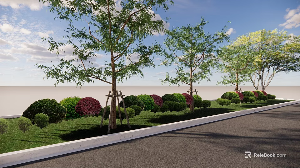 Arbor Trees Along Roadside With Green Lawn Shrubs And Blue Sky View 3d model 