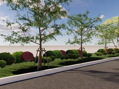 Arbor Trees Along Roadside With Green Lawn Shrubs And Blue Sky View 3d model