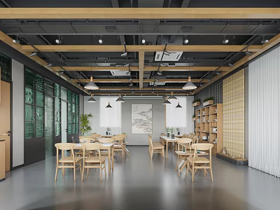 Modern Restaurant Interior With Wooden Tables Chairs Green Plants Bamboo Curtains And Wall Art 3d model
