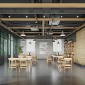 Modern Restaurant Interior With Wooden Tables Chairs Green Plants Bamboo Curtains And Wall Art