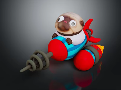 Cartoon Pug Character Riding Red Rocket With Blue Stripes And Propeller 3d model