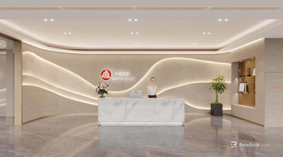Modern Front Desk Reception Area Featuring Marble Counter Staff Curved Lighting And Green Plants 3d model 
