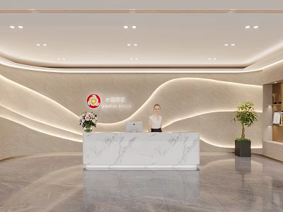 Modern Front Desk Reception Area Featuring Marble Counter Staff Curved Lighting And Green Plants 3d model