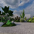 Lush Garden with Various Green Plants Cactus Succulents Gravel Path White Fence and Grass Area