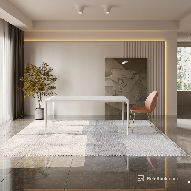 Modern Restaurant Interior With White Dining Table Orange Chair Plant And Decorative Rug 3d model 