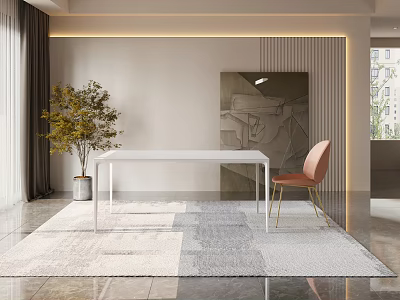 Modern Restaurant Interior With White Dining Table Orange Chair Plant And Decorative Rug 3d model