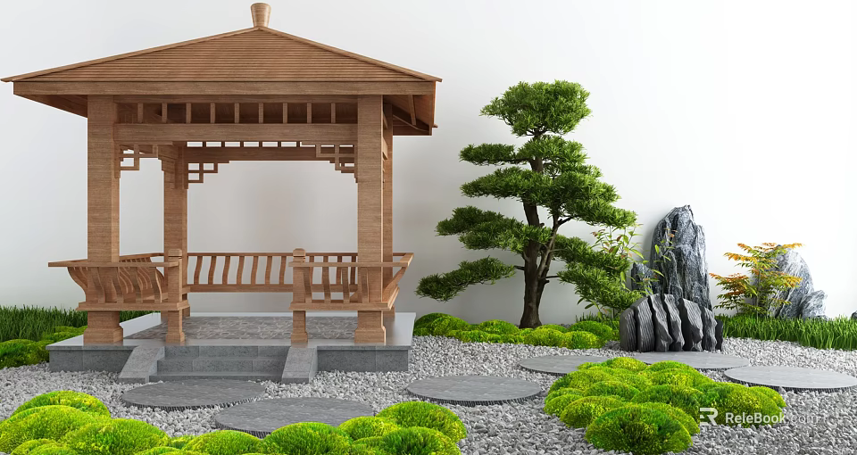 Traditional Wooden Garden Pavilion With Pine Tree Rockery Green Plants And Stone Path 3d model 