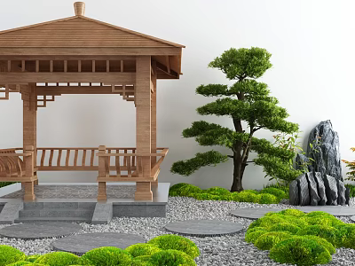 Traditional Wooden Garden Pavilion With Pine Tree Rockery Green Plants And Stone Path 3d model