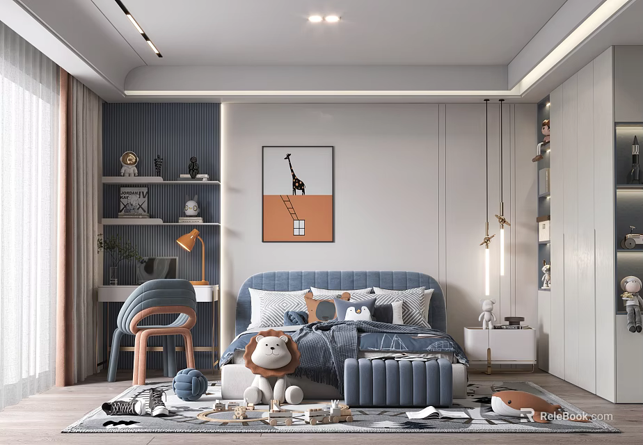 Modern Kids Bedroom Interior With Blue Bed Toys And Art 3d model 