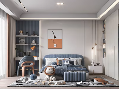 Modern Kids Bedroom Interior With Blue Bed Toys And Art 3d model