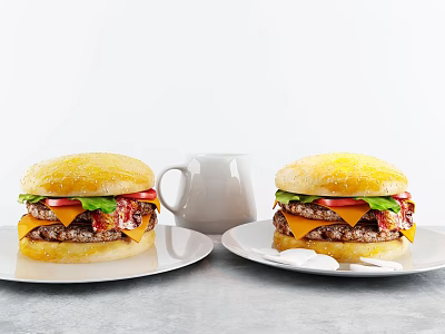 Fresh Juicy Hamburgers With Cheese Lettuce Tomato On White Plates And Mug 3d model
