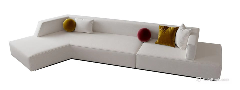 Modern White Sectional Sofa with Golden Red and Velvet Pillows for Living Room Decor 3d model 
